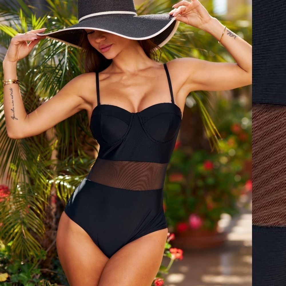 New Boutique Black Mesh Cut-Out One-Piece Swimsuit with Adjustable Straps